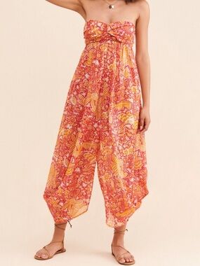Anthropologie harem paisley floral metallic strapless jumpsuit size m